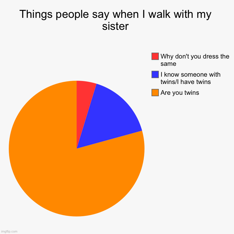 Like we are aliens or something | Things people say when I walk with my sister | Are you twins, I know someone with twins/I have twins, Why don't you dress the same | image tagged in charts,pie charts,twins,twin,aliens | made w/ Imgflip chart maker
