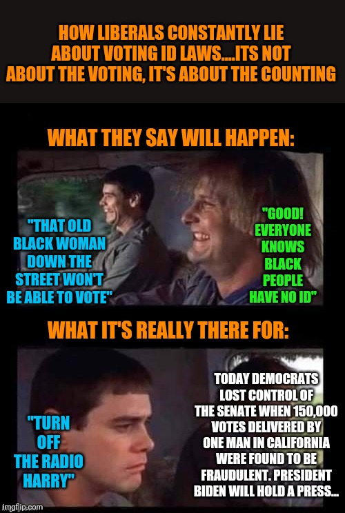 Oh you poor brainwashed millenials.  This is so easy to see through. | HOW LIBERALS CONSTANTLY LIE ABOUT VOTING ID LAWS....ITS NOT ABOUT THE VOTING, IT'S ABOUT THE COUNTING; WHAT THEY SAY WILL HAPPEN:; "GOOD! EVERYONE KNOWS BLACK PEOPLE HAVE NO ID"; "THAT OLD BLACK WOMAN DOWN THE STREET WON'T BE ABLE TO VOTE"; WHAT IT'S REALLY THERE FOR:; TODAY DEMOCRATS LOST CONTROL OF THE SENATE WHEN 150,000 VOTES DELIVERED BY ONE MAN IN CALIFORNIA WERE FOUND TO BE FRAUDULENT. PRESIDENT BIDEN WILL HOLD A PRESS... "TURN OFF THE RADIO HARRY" | image tagged in dumb dumber driving,cheating,voting,stupid liberals | made w/ Imgflip meme maker