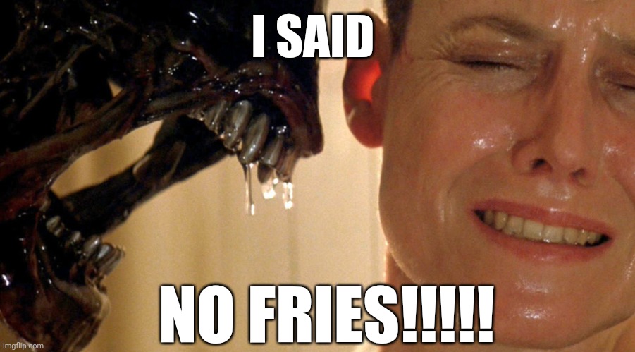 alien sigourney | I SAID; NO FRIES!!!!! | image tagged in alien sigourney | made w/ Imgflip meme maker