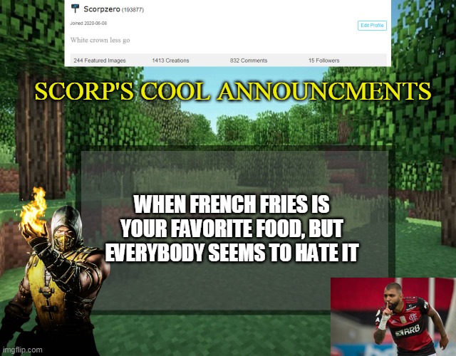 Scorp's cool announcments V2 | SCORP'S COOL ANNOUNCMENTS; WHEN FRENCH FRIES IS YOUR FAVORITE FOOD, BUT EVERYBODY SEEMS TO HATE IT | image tagged in scorp's cool announcments v2 | made w/ Imgflip meme maker
