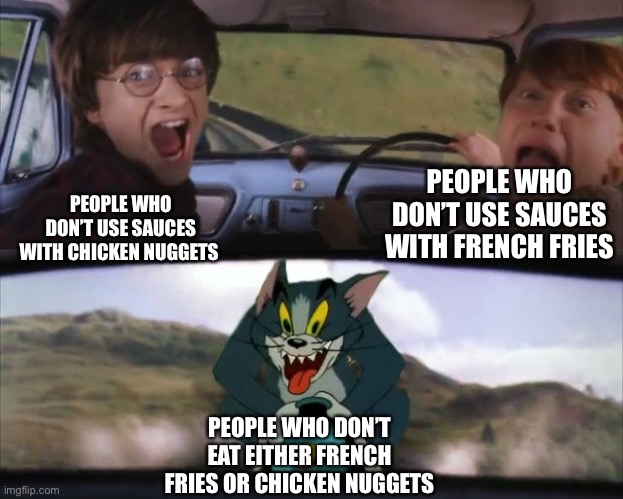 French fries and nuggets |  PEOPLE WHO DON’T USE SAUCES WITH FRENCH FRIES; PEOPLE WHO DON’T USE SAUCES WITH CHICKEN NUGGETS; PEOPLE WHO DON’T EAT EITHER FRENCH FRIES OR CHICKEN NUGGETS | image tagged in tom chasing harry and ron weasly | made w/ Imgflip meme maker