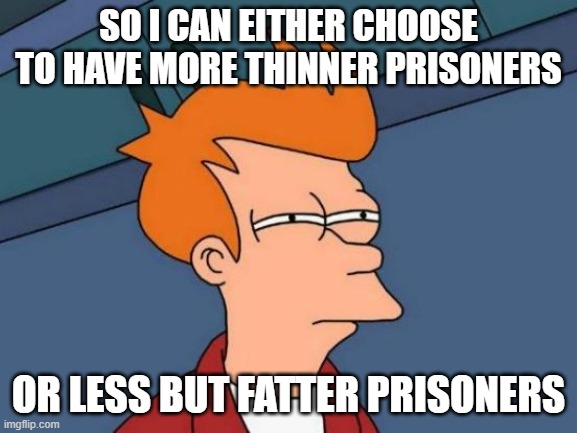 Futurama Fry Meme | SO I CAN EITHER CHOOSE TO HAVE MORE THINNER PRISONERS OR LESS BUT FATTER PRISONERS | image tagged in memes,futurama fry | made w/ Imgflip meme maker
