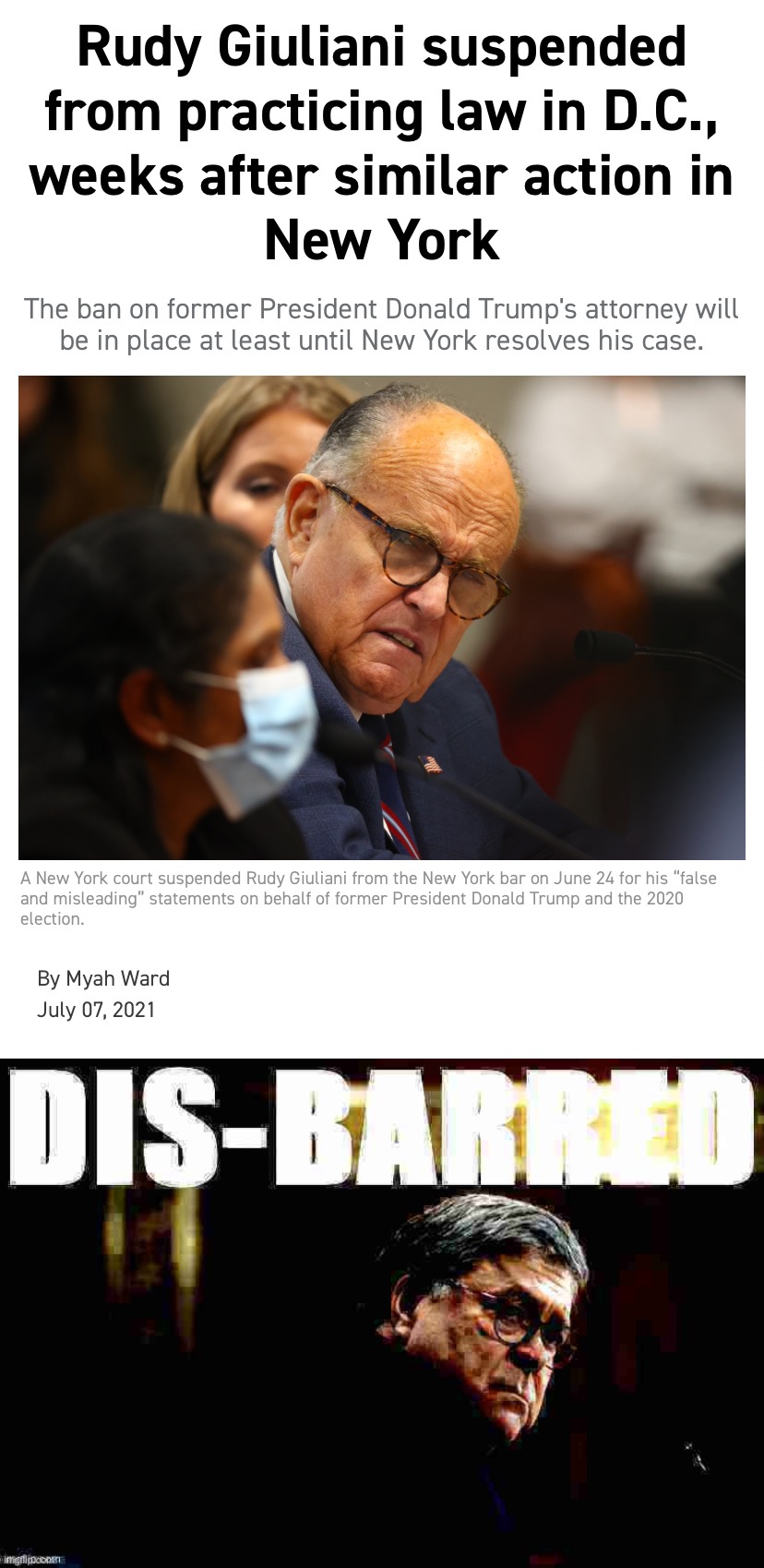 The Leftist railroading of America’s Mayor continues! When will the madness stop??? #MAGA #AmericasMayor #MakeItStop | image tagged in rudy giuliani suspended,william barr disbarred deep-fried,maga,rudy giuliani,giuliani,lawyer | made w/ Imgflip meme maker