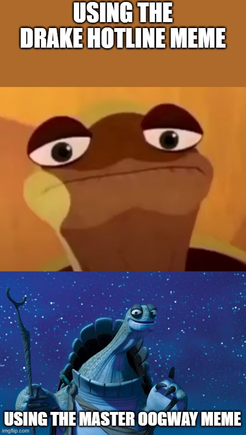 USING THE DRAKE HOTLINE MEME; USING THE MASTER OOGWAY MEME | image tagged in upset master oogway,master oogway | made w/ Imgflip meme maker