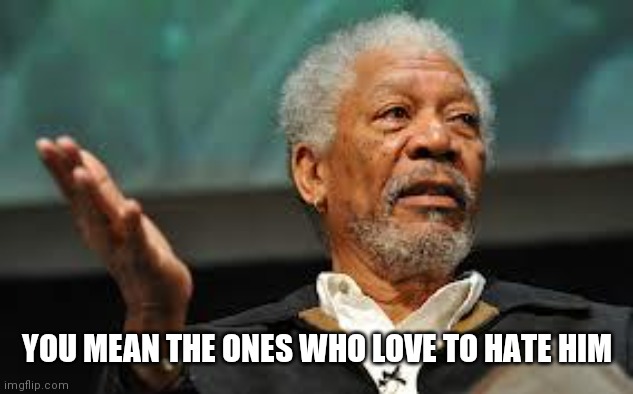 Morgan Freeman Hand out | YOU MEAN THE ONES WHO LOVE TO HATE HIM | image tagged in morgan freeman hand out | made w/ Imgflip meme maker