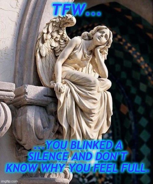 Confused Angel | TFW... ...YOU BLINKED A SILENCE AND DON'T KNOW WHY YOU FEEL FULL. | image tagged in weeping angel,doctor who,the silence,things that must have happened | made w/ Imgflip meme maker
