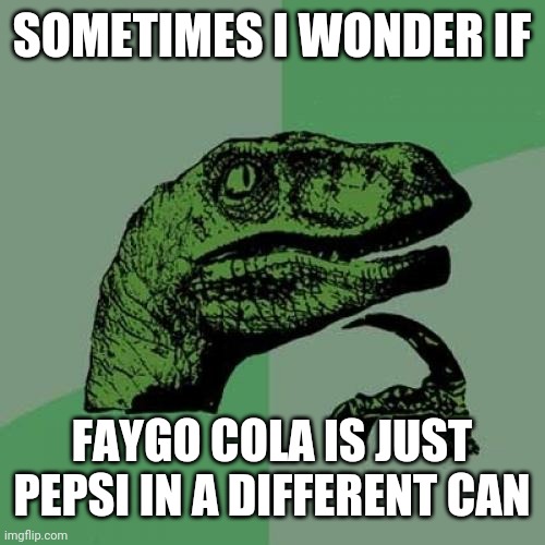 It tastes very similar doesn't it? | SOMETIMES I WONDER IF; FAYGO COLA IS JUST PEPSI IN A DIFFERENT CAN | image tagged in memes,philosoraptor | made w/ Imgflip meme maker
