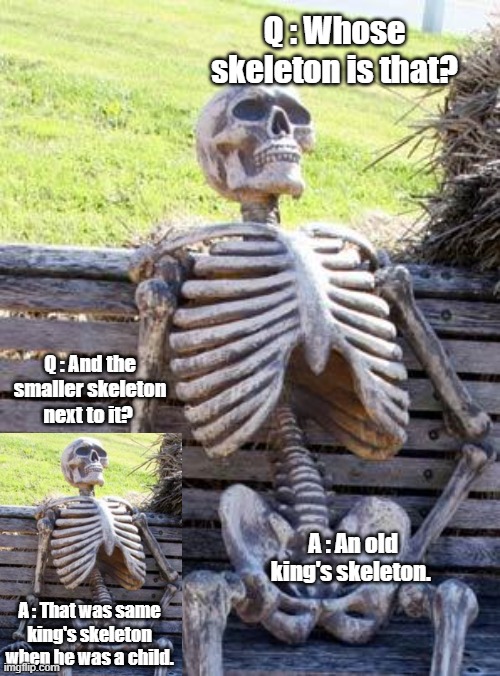 when he was a child | Q : Whose skeleton is that? Q : And the smaller skeleton next to it? A : An old king's skeleton. A : That was same king's skeleton when he was a child. | image tagged in memes,waiting skeleton | made w/ Imgflip meme maker