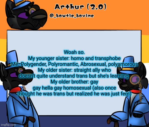 Arthur's announcement template | Woah so.
My younger sister: homo and transphobe
Me: Polygender, Polyromantic, Abrosexual, polyamorous
My older sister: straight ally who doesn't quite understand trans but she's learning 
My older brother: gay gay hella gay homosexual (also once thought he was trans but realized he was just fem) | image tagged in arthur's announcement template | made w/ Imgflip meme maker