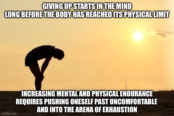  GIVING UP STARTS IN THE MIND
LONG BEFORE THE BODY HAS REACHED ITS PHYSICAL LIMIT; INCREASING MENTAL AND PHYSICAL ENDURANCE
REQUIRES PUSHING ONESELF PAST UNCOMFORTABLE 
AND INTO THE ARENA OF EXHAUSTION | image tagged in memes,endurance,fortitude | made w/ Imgflip meme maker