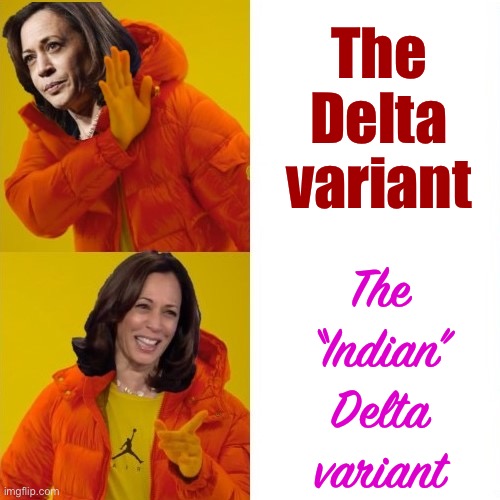 Will emphasizing this variant’s Indian origins help get more xenophobic Trumpsters to yes on the vaccine? Don’t know, we’ll see! | The Delta variant; The “Indian” Delta variant | image tagged in kamala harris hotline bling,covid-19,coronavirus,vaccines,conservative logic,xenophobia | made w/ Imgflip meme maker