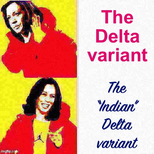 Just say no to nasty Chinese viruses that mutated in India! Get the Trump vaccine today! #MAGA | The Delta variant; The “Indian” Delta variant | image tagged in kamala harris hotline bling deep-fried 1,indian,covid-19,coronavirus,vaccines,vaccinations | made w/ Imgflip meme maker