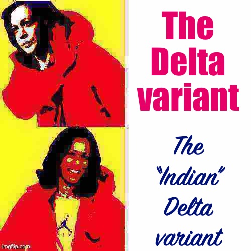 This is beyond science | The Delta variant; The “Indian” Delta variant | image tagged in kamala harris hotline bling deep-fried 2 | made w/ Imgflip meme maker