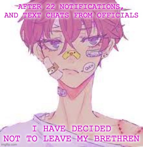 I m  b a c k, also, my pronouns are she/her -_- way to assume y'all, no harm done tho ^w^ |  AFTER 22 NOTIFICATIONS, AND TEXT CHATS FROM OFFICIALS; I HAVE DECIDED NOT TO LEAVE MY BRETHREN | image tagged in im back,hello,spammers | made w/ Imgflip meme maker