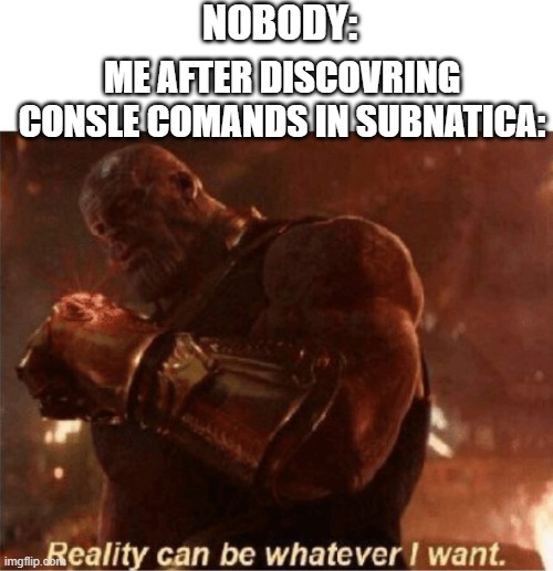 (title here) | NOBODY:; ME AFTER DISCOVRING CONSLE COMANDS IN SUBNATICA: | image tagged in reality can be whatever i want | made w/ Imgflip meme maker