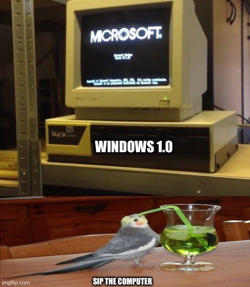 WINDOWS 1.0; SIP THE COMPUTER | image tagged in the,computer,is,a,drink | made w/ Imgflip meme maker