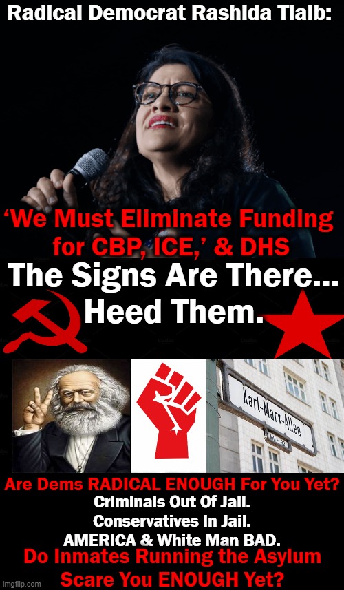 No Rules for Radicals with Crime UP, Common Sense DOWN | Radical Democrat Rashida Tlaib:; ‘We Must Eliminate Funding 
for CBP, ICE,’ & DHS; The Signs Are There...
Heed Them. Are Dems RADICAL ENOUGH For You Yet? Criminals Out Of Jail.
Conservatives In Jail.
AMERICA & White Man BAD. Do Inmates Running the Asylum
Scare You ENOUGH Yet? | image tagged in political meme,radicals,democratic socialism,liberalism,criminals,marxism | made w/ Imgflip meme maker