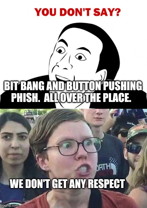 WE DON'T GET ANY RESPECT BIT BANG AND BUTTON PUSHING PHISH.  ALL OVER THE PLACE. | image tagged in memes,you don't say,triggered liberal | made w/ Imgflip meme maker
