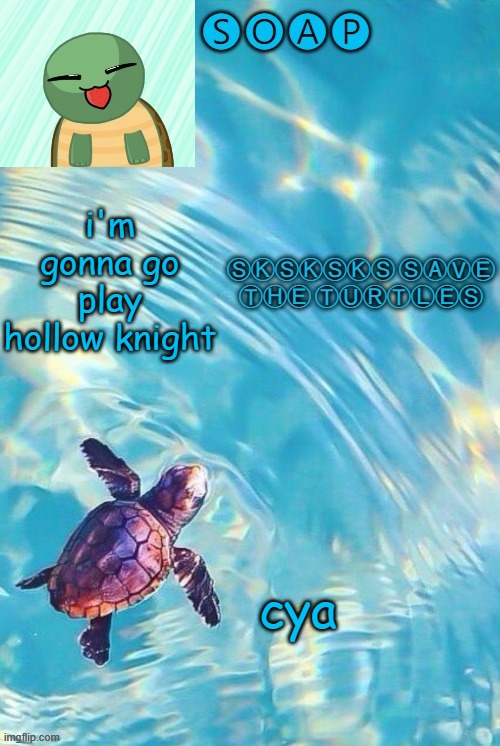 Soaps turtle temp | i'm gonna go play hollow knight; cya | image tagged in soaps turtle temp ty yachi | made w/ Imgflip meme maker
