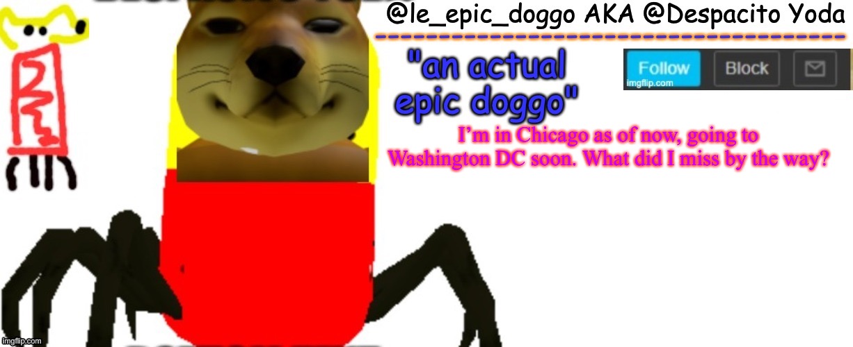 E | I’m in Chicago as of now, going to Washington DC soon. What did I miss by the way? | image tagged in le_epic_doggo's true temp | made w/ Imgflip meme maker