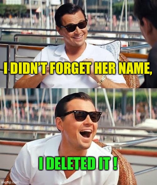 Leonardo Dicaprio Wolf Of Wall Street Meme | I DIDN’T FORGET HER NAME, I DELETED IT ! | image tagged in memes,leonardo dicaprio wolf of wall street | made w/ Imgflip meme maker