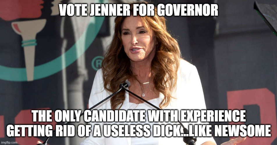 Jenner for Gov | VOTE JENNER FOR GOVERNOR; THE ONLY CANDIDATE WITH EXPERIENCE GETTING RID OF A USELESS DICK...LIKE NEWSOME | image tagged in caitlyn jenner,governor,california,government,car wreck,dick | made w/ Imgflip meme maker