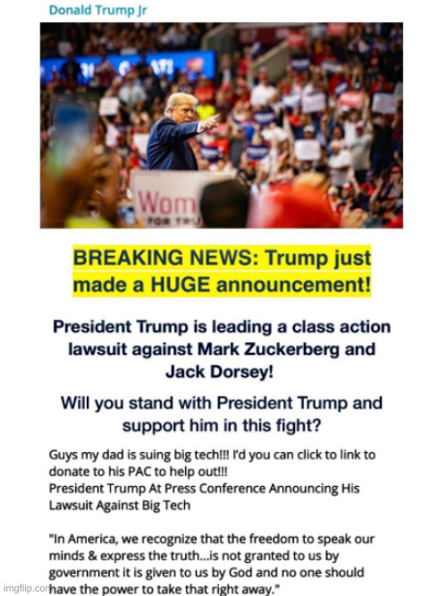 Lawsuit or latest grift to get money? | image tagged in trump,lawsuit,donald trump jr | made w/ Imgflip meme maker