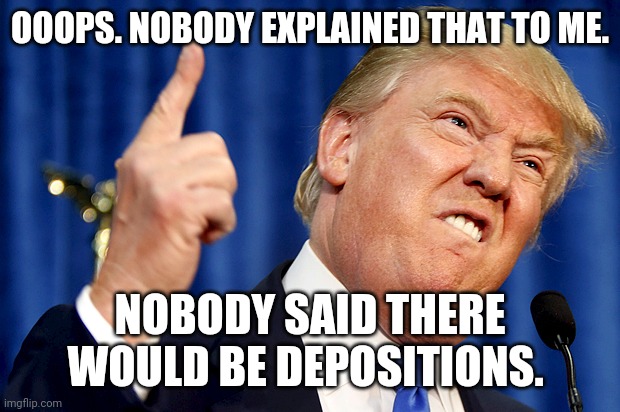Donald Trump | OOOPS. NOBODY EXPLAINED THAT TO ME. NOBODY SAID THERE WOULD BE DEPOSITIONS. | image tagged in donald trump | made w/ Imgflip meme maker