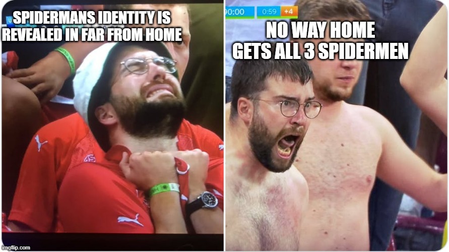 swiss fan | NO WAY HOME GETS ALL 3 SPIDERMEN; SPIDERMANS IDENTITY IS REVEALED IN FAR FROM HOME | image tagged in sad happy | made w/ Imgflip meme maker