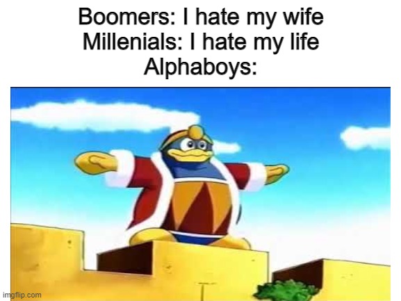 Gen Z ain't funny. | Boomers: I hate my wife
Millenials: I hate my life
Alphaboys: | image tagged in boomer,millennials,stop reading the tags,oh wow are you actually reading these tags | made w/ Imgflip meme maker