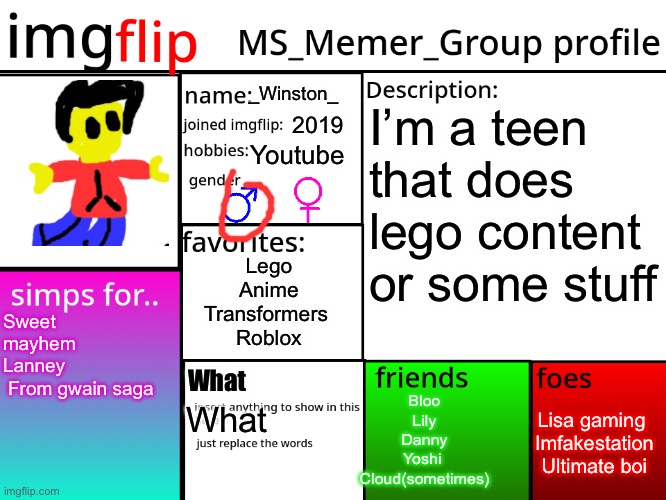 MSMG Profile | _Winston_; I’m a teen that does lego content or some stuff; 2019; Youtube; Lego
Anime
Transformers 
Roblox; Sweet mayhem 
Lanney
 From gwain saga; What; Lisa gaming 
Imfakestation
Ultimate boi; Bloo
Lily
Danny
Yoshi 
Cloud(sometimes); What | image tagged in msmg profile | made w/ Imgflip meme maker