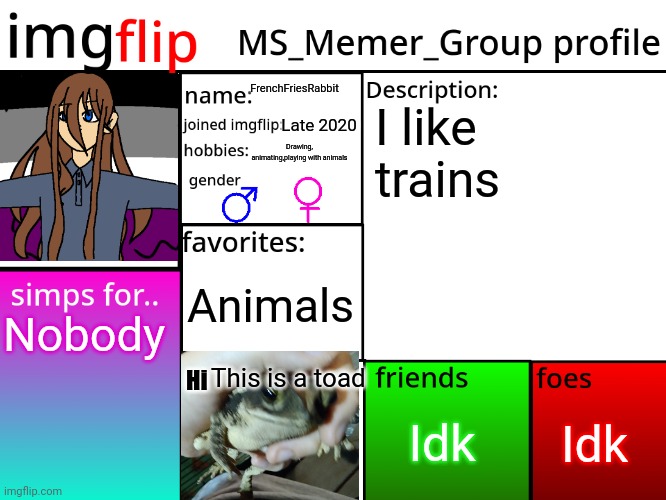 MSMG Profile | FrenchFriesRabbit; I like trains; Late 2020; Drawing, animating,playing with animals; Animals; Nobody; This is a toad; Hi; Idk; Idk | image tagged in msmg profile | made w/ Imgflip meme maker