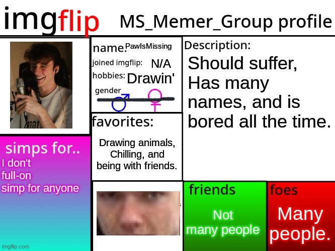 MSMG Profile | PawIsMissing; Should suffer, Has many names, and is bored all the time. N/A; Drawin'; Drawing animals, Chilling, and being with friends. I don't full-on simp for anyone; Many people. Not many people | image tagged in msmg profile | made w/ Imgflip meme maker