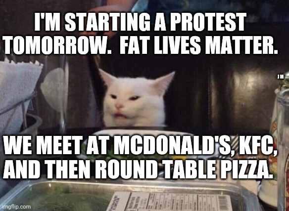 Salad cat |  I'M STARTING A PROTEST TOMORROW.  FAT LIVES MATTER. J M; WE MEET AT MCDONALD'S, KFC, AND THEN ROUND TABLE PIZZA. | image tagged in salad cat | made w/ Imgflip meme maker