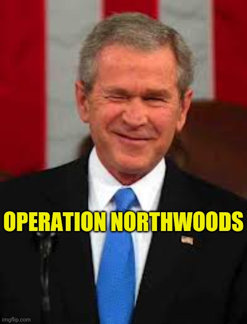 Do Not Question Authority | OPERATION NORTHWOODS | image tagged in george bush,obey,north,woods,hold on this whole operation was your idea,coup | made w/ Imgflip meme maker
