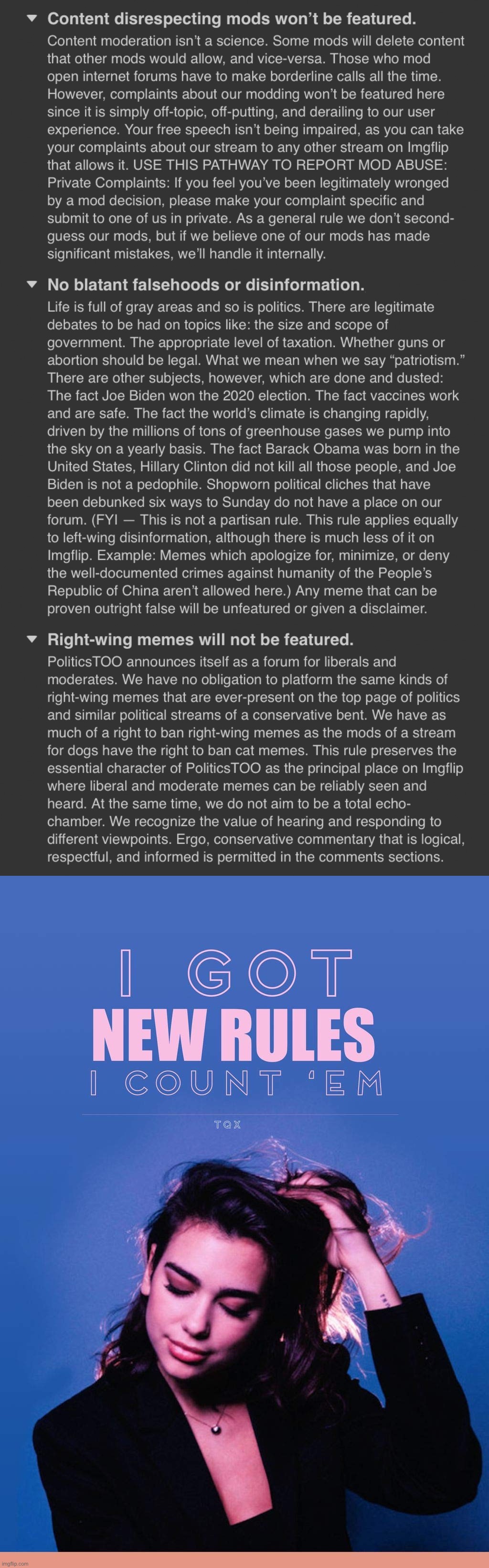 New rules that codify existing practices. Please take some time to review. | image tagged in politicstoo new rules,dua lipa i got new rules,rules,politicstoo,imgflip mods,mods | made w/ Imgflip meme maker