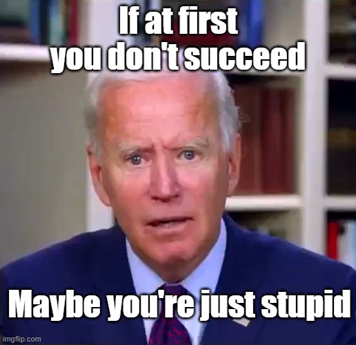 Slow Joe Biden Dementia Face | If at first you don't succeed; Maybe you're just stupid | image tagged in slow joe biden dementia face | made w/ Imgflip meme maker