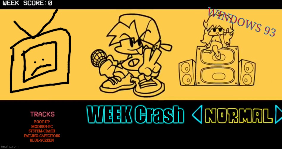 FNF Roleplay VS Windows 93! | WINDOWS 93; WEEK Crash; BOOT-UP
MODERN-PC
SYSTEM-CRASH
FAILING-CAPICITORS
BLUE-SCREEN | image tagged in fnf custom week | made w/ Imgflip meme maker