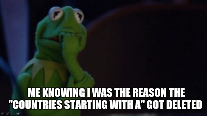 Nervous Kermit | ME KNOWING I WAS THE REASON THE "COUNTRIES STARTING WITH A" GOT DELETED | image tagged in nervous kermit | made w/ Imgflip meme maker