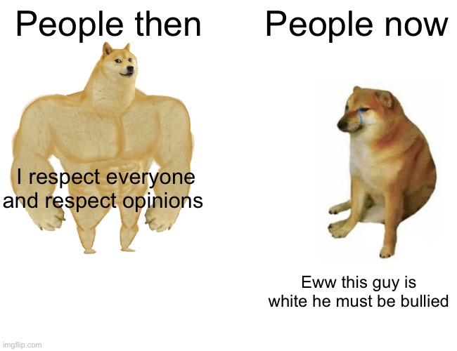 Respec | People then; People now; I respect everyone and respect opinions; Eww this guy is white he must be bullied | image tagged in memes,buff doge vs cheems | made w/ Imgflip meme maker
