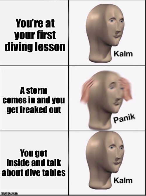 Happened to me | You’re at your first diving lesson; A storm comes in and you get freaked out; You get inside and talk about dive tables | image tagged in reverse kalm panik,scuba diving | made w/ Imgflip meme maker