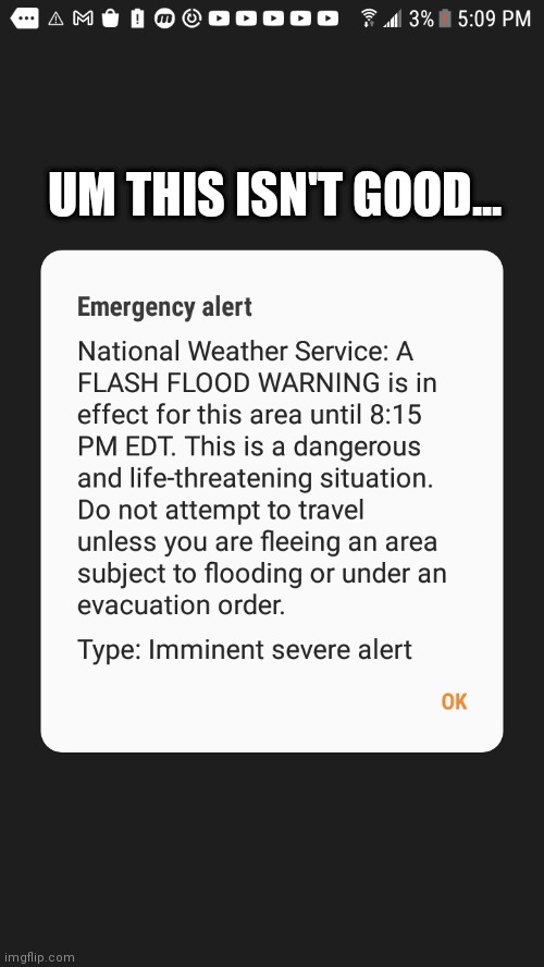 Uh oh... | UM THIS ISN'T GOOD... | image tagged in flash flood,uh oh,oh no,emergency,alert,life alert | made w/ Imgflip meme maker