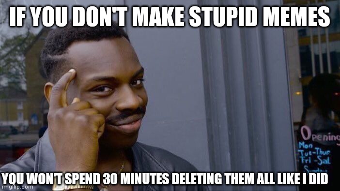 Roll Safe Think About It | IF YOU DON'T MAKE STUPID MEMES; YOU WON'T SPEND 30 MINUTES DELETING THEM ALL LIKE I DID | image tagged in memes,roll safe think about it | made w/ Imgflip meme maker