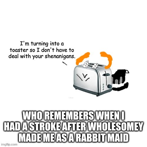 Carlos turns into a toaster part 2: Electric Boogaloo | WHO REMEMBERS WHEN I HAD A STROKE AFTER WHOLESOMEY MADE ME AS A RABBIT MAID | image tagged in carlos turns into a toaster part 2 electric boogaloo | made w/ Imgflip meme maker