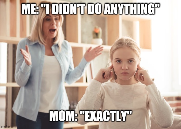 ME: "I DIDN'T DO ANYTHING"; MOM: "EXACTLY" | image tagged in funny memes | made w/ Imgflip meme maker