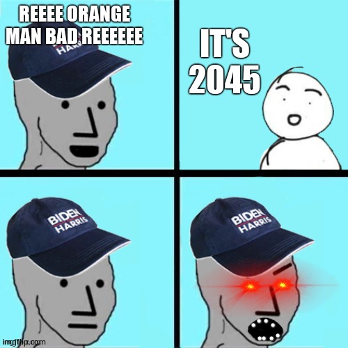 Blue hat npc | REEEE ORANGE MAN BAD REEEEEE IT'S 2045 | image tagged in blue hat npc | made w/ Imgflip meme maker