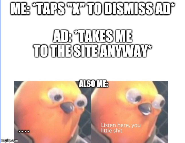 does this happen often? |  ME: *TAPS "X" TO DISMISS AD*; AD: *TAKES ME TO THE SITE ANYWAY*; ALSO ME:; . . . . | image tagged in listen here you little shit,ads | made w/ Imgflip meme maker