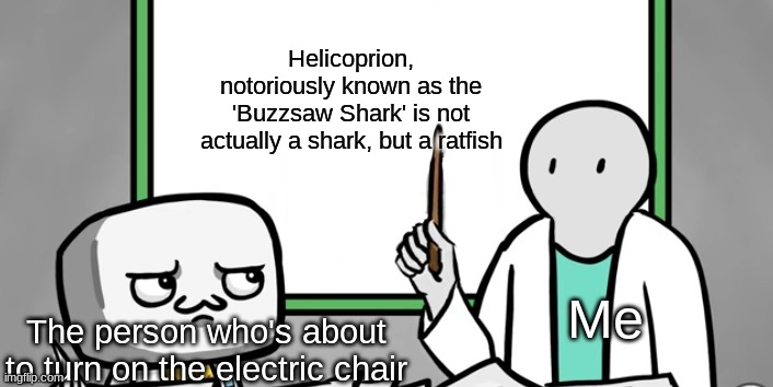 The Rubber Whiteboard | Helicoprion, notoriously known as the 'Buzzsaw Shark' is not actually a shark, but a ratfish; Me; The person who's about to turn on the electric chair | image tagged in the rubber whiteboard | made w/ Imgflip meme maker