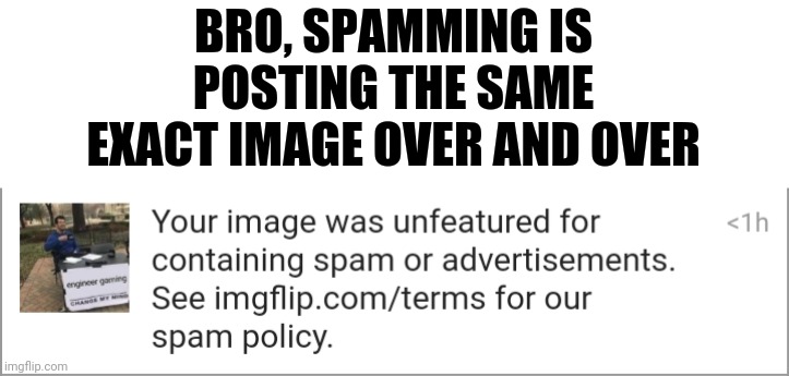 engineer gaming | BRO, SPAMMING IS POSTING THE SAME EXACT IMAGE OVER AND OVER | image tagged in engineer,gaming | made w/ Imgflip meme maker