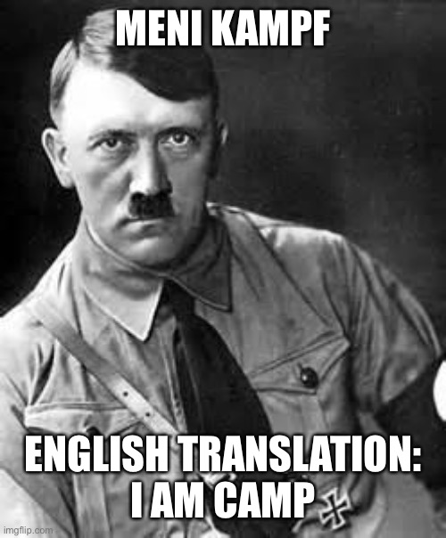 His struggle was real | MENI KAMPF; ENGLISH TRANSLATION:
I AM CAMP | image tagged in adolf hitler,mein kampf,struggle | made w/ Imgflip meme maker